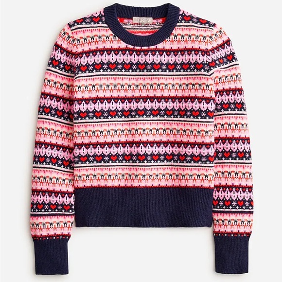 J. Crew Shrunken Fair Isle Crewneck Sweater Size Large Navy Blue Pink Red White - Picture 1 of 10